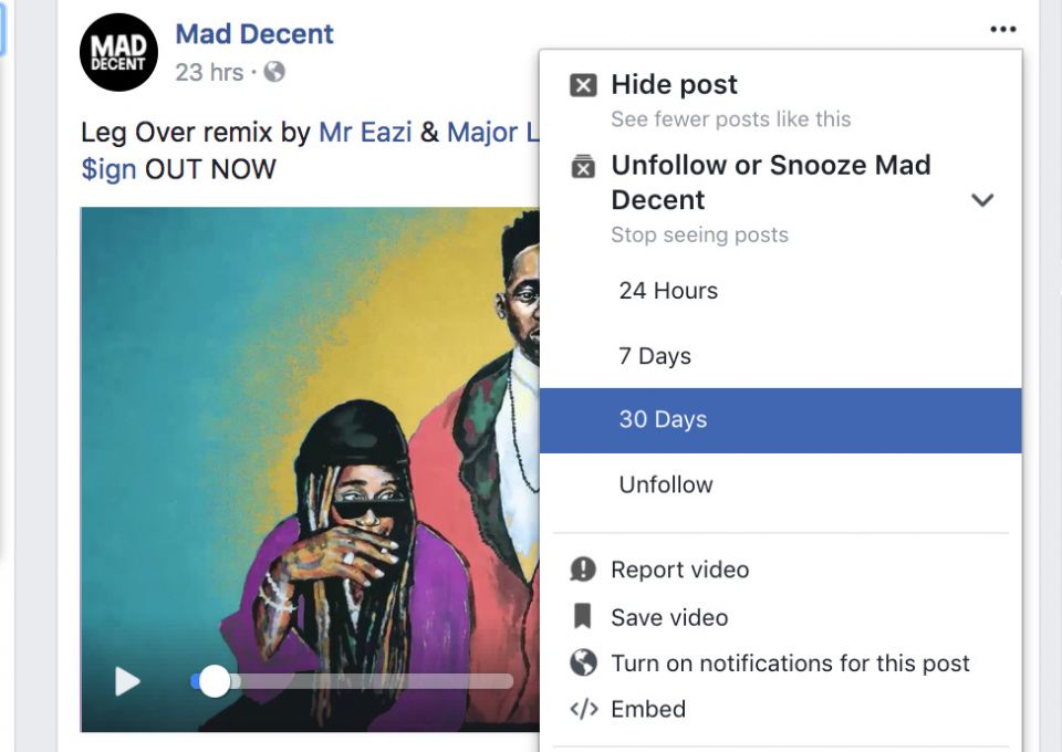 يتيح الخيار حظر ظهور المنشورات الصادرة عن صفحة أو شخص أو مجموعة معينة